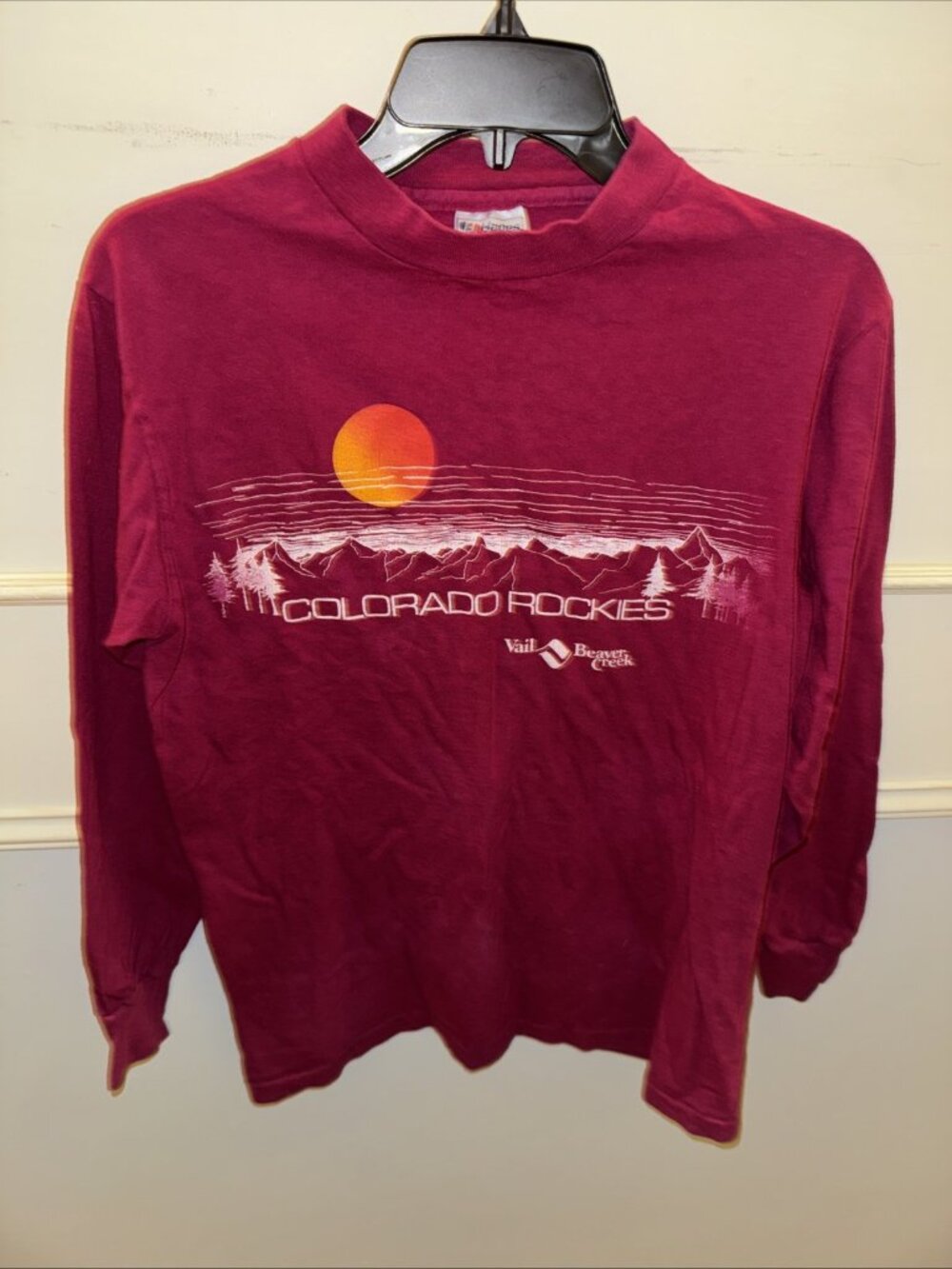 Vintage Vail Colorado Hanes Beefy-T Pink Long Sleeve Crew T-Shirt Rockies Scene